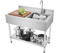Évier de cuisine en acier inoxydable pour usage professionnel, autoportant, avec armoire de rangement intégrée, robinet rotatif à 360° et panier à filtre, capacité de charge jusqu'à 300 kg, multifonct