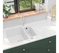 Évier de cuisine en granit double cuve blanc 960 x 500 mm | 80 % quartz et 20 % résine, réversible, résistant à la chaleur jusqu'à 280 °C, panier de vidange inclus, installation de