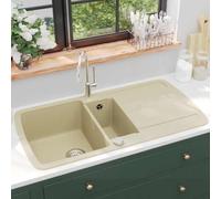 Évier de cuisine en granit double vasque beige 960 x 500 x 310 mm | Matériau : 80 % quartz et 20 % résine, résistant à la chaleur jusqu'à 280 °C, réversible, panier de vidange inclus