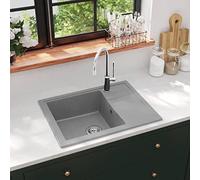 Évier de cuisine en granit ovale gris avec trop-plein, 580 x 440 x 164 mm, bac simple avec égouttoir, montage en saillie, avec bonde et panier pour cuisine et