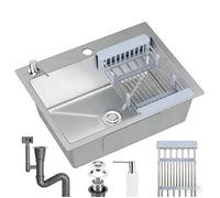 Évier de Cuisine en Inox 68x45CM - Évier 1 Bac avec Panier égouttoir réglable -Gris métallisé BOUCHON EVIER