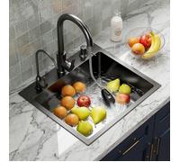 Évier de Cuisine en Inox Noir 50x45cm avec Robinet Mitigeur Espace de Rangement Bac Unique Anti-Taches Design Moderne Pratique