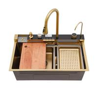 Évier de cuisine encastrable en acier inoxydable 75 x 46 cm avec kit de robinetterie, pour tasse, distributeur de savon et bonde, affichage numérique, doré