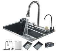 Évier de cuisine encastrable en acier inoxydable de 60 x 45 cm avec robinet rabattable et rondelle de tasse multifonctionnel en cascade pour cuisines modernes - Finition gris argenté