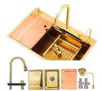 Évier de cuisine encastrable en acier inoxydable doré de 75 x 45 cm, design rustique à 5 trous avec accessoires, et élégant, facile à nettoyer, parfait pour les cuisines contemporaines