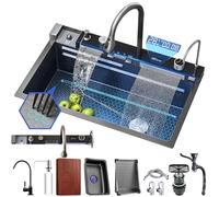 Évier de cuisine Évier à cascade numérique Whale Évier de Cuisine Cascade Raindance avec lave-tasses Évier Cuisine en Acier Inoxydable 304 1 Bac avec kit de plomberie complet (BLACK, 75 * 46 * 22CM)