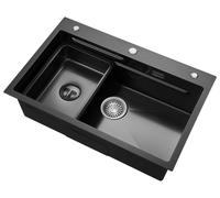 Évier de cuisine - Évier à un bac de travail - 70 x 45 cm - Acier inoxydable noir - Résistant aux rayures - Avec plaque de dégivrage et distributeur de savon