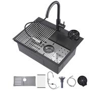 Évier de cuisine, évier en acier inoxydable à cuve unique avec grille inférieure, robinet rétractable et rinceur de tasse, grande capacité profonde, égouttoir enroulable, kit de vidange standard