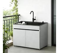 Évier de Cuisine Inox 1 Bac avec Robinet et Tuyaux D'eau Chaude et D'eau Froide, Évier de Commercial avec Placard de Rangement, Panier de Vidange pour Extérieur, Buanderie
