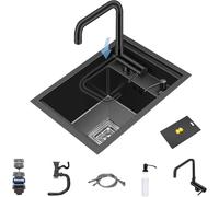 Évier de cuisine invisible en acier inoxydable noir et gris avec robinet relevable et couvercle - Parfait pour une utilisation en camping-car, bar et cuisine extérieure