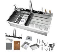 Évier de cuisine moderne argenté avec bordure en nid d'abeille gaufré, affichage LED, pistolet pulvérisateur extractible, distributeur de savon de nettoyage, multifonction, 100 x 50 cm, robinet