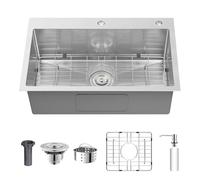 Évier de cuisine moderne en acier inoxydable 304, cuve simple haute capacité avec grille inférieure de protection et distributeur de savon pour camping-car, évier de bar (évier tombant, gris argenté