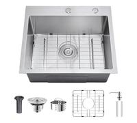 Évier de cuisine moderne en acier inoxydable 304, cuve simple haute capacité avec grille inférieure de protection et distributeur de savon pour camping-car, évier de bar (évier tombant, gris argenté