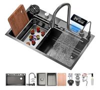 Évier de cuisine moderne en acier inoxydable noir et gris avec robinet extractible, bol unique, planche à découper, panier égouttoir et nettoyeur haute pression - Design durable et élégant