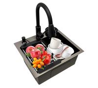 Évier de cuisine moderne noir avec robinet rabattable et ensemble 4 en 1 - Évier en acier sans rinçage avec nettoyeur de tasse, passoire et distributeur de savon pour une mise à niveau efficace et