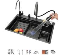 Évier de cuisine moderne noir cascade avec robinet extractible - Acier inoxydable multifonctionnel simple bol profond pour cuisine, bar et salle à manger 68 cm x 45 cm