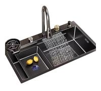 Évier de cuisine moderne noir en acier inoxydable 68 x 45 cm avec robinet rabattable et accessoires - Bol simple pour une installation facile, mise à niveau Slish pour décoration d'intérieur