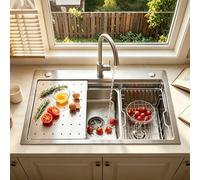 Évier De Cuisine Multifonction En Acier Inoxydable 304 Argenté Fait À La Main, Grand Évier De Cuisine À Cuve Unique, Installation Encastrée Ou En Surface Avec Bassin Amovible(70x50x21.5cm)