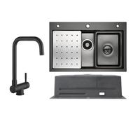 Évier de Cuisine - Noir - 70x45cm - 1.5 Bacs - Mitigeur Pliant - Inox