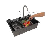 Évier de cuisine noir - 75 x 46 x 20 cm - En acier inoxydable 201 - Cascade | Avec robinet extractible, lavabo multifonction, revêtement nano, indicateur de température, kit d'accessoires complet
