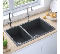 Évier de cuisine noir en acier inoxydable 71,5 x 44 x 20 cm | Double vasque, montage en haut ou en bas, trou d'évacuation de 90 mm, kit d'écoulement inclus, acier inoxydable anti-rayures