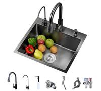 Évier de cuisine noir, évier encastrable en acier inoxydable avec bac simple et robinet combiné, évier d'angle pour plan de travail de cuisine, noir