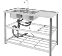 Évier de cuisine professionnel - Double cuve - Acier inoxydable 201 - 120 × 45 × 80 cm - Cuves 33 × 33 cm - Robinetterie pivotante à 360° - 3 niveaux + égouttoir - Capacité de charge 100 kg - Argent