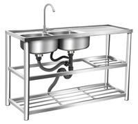 Évier de cuisine professionnel - Ensemble à double cuve - Étagère à 3 niveaux - Robinet pivotant à 360° - Égouttoir - Acier inoxydable - Dimensions : 120 × 45 × 80 cm - Argent