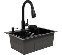 Évier de cuisine - Set 50 × 40 cm - Acier inoxydable 201 - Profondeur 20 cm - Robinetterie, distributeur de savon et lave-verres - Revêtement nano - Sous plan/à fleur/sur plan - Noir