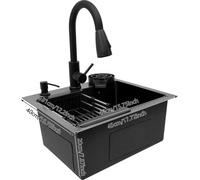 Évier de cuisine - Set - Robinet extractible - Acier inoxydable 201 - Distributeur de savon - Multifonctionnel - Noir