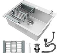 Évier de cuisine Stanew, 1 cuve, 55 x 45 cm, évier à encastrer, petit évier en acier inoxydable, trous pour les robinets et le distributeur de savon, et panier télescopique, argent