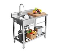 Evier De Cuisine Sur Pied Inox 1 Bac, Evier Exterieur Jardin, Table Inox Autoportant Avec Robinet Etagère Porte Serviettes, 80x55x84cm, Salle De Bain Garage Professionnel