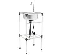 Évier de lavage et de rinçage en acier inoxydable, autoportant, avec un seul bac. Doté d'un robinet pivotant à 360°. Tuyau de vidange avec panier filtrant. Idéal pour les restaurants et les cuisines.