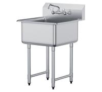 Évier de préparation et utilitaire en acier inoxydable, petit évier sur pied à un bac, livré avec robinet et pieds, 69 cm x 104 cm, évier commercial à un bac pour garage, restaurant, cuisine, buanderi