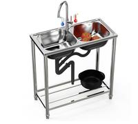Évier double bac autoportant en acier inoxydable avec robinet pour jardin extérieur, étagère de rangement mobile et multifonctionnelle pour cuisine de restaurant, garage, buanderie