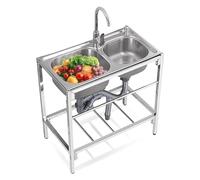 Évier Double Bac en Inox avec Support, Ensemble Évier de Cuisine Commercial Comprenant un Robinet Mitigeur et un Panier d'Égouttage, pour Café et Préparation Alimentaire