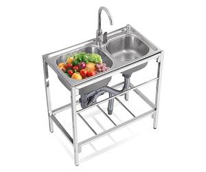 Évier Double Bac en Inox avec Support, Ensemble Évier de Cuisine Commercial Comprenant un Robinet Mitigeur et un Panier d'Égouttage, pour Café et Préparation Alimentaire