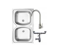 DomoDomo - Évier de cuisine inox 80x50 cm à poser, double bac sans égouttoir - Robinet d’évier de cuisine inox pivotant - Siphon d’évier de cuisine inclus