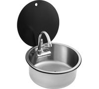 Évier en acier inoxydable 304 - Pour camping-cars, bateaux et caravanes - Robinet rabattable - Couvercle en verre trempé - Tuyau d'évacuation - Montage facile - Argent