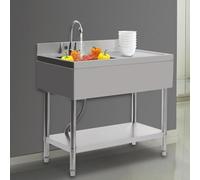 Évier en acier inoxydable avec panier filtrant et robinet, 1 bac Évier professionnel autoportant pour usage commercial, 100x60x80cm Évier multifonctionnel droit de luxe pour cuisine, buanderie, garage