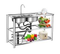 Évier en acier inoxydable sur pied à 2 bacs - Robinet d'extérieur | Évier de cuisine avec plan de travail, armoire inférieure pour camping, buanderie, 120 x 45 x 80 cm