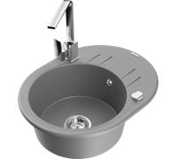Évier en granit Mexen Kevin avec égouttoir et mitigeur, gris-chrome