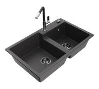 Mexen Tomas Évier en granit à 2 bacs avec robinet de cuisine Flora, noir moucheté - 6516-76-670401-07-B 21098 5905315062819