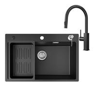 Évier en granit noir 70 x 45 cm avec robinet de cuisine, évier encastrable, pour meuble bas de 70 cm, robinet extensible avec fonction douchette
