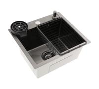 Évier encastrable en acier inoxydable noir - 40 x 45 cm - Avec | Avec distributeur de savon, égouttoir et nettoyeur de tasse, isolation acoustique EVA, bonde en X, siphon à 360°