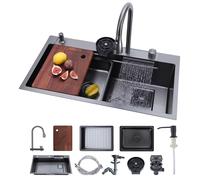 Évier encastrable pour cuisine - Évier à un bac - Avec rebord intégré - Avec robinet cascade - Avec planche à découper - 85 x 46 x 23,6 cm - Pour camping-car et cuisine d'appoint