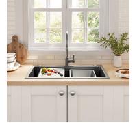 Évier encastré inox - 75x45 cm - Planche à découper intégrée - Cuve supplémentaire - Panier à tamis - Revêtement PVD