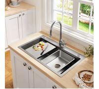 Évier Encastré Inox - 75x45cm, Planche à Découper, Cuve et Panier à Tamis, Revêtement PVD, Bonde Cascade, 3 Trous de Robinetterie