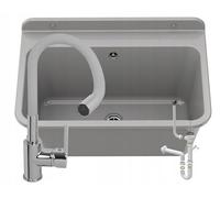 Évier Extérieur Buanderie - Évier lavoir Buanderie - Lavabo extérieur avec siphon - Lavabo mural en polypropylène - 61 x 41 x 30 cm - Gris + batterie de lavabo FLEX - GRANITAN