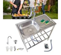 Evier Exterieur De Jardin Évier Sur Pieds En Acier Inox De Cuisine Évier Utilitaire avec Robinet Et établi Pour Garage Sous-Sol Terrasse Restaurant Facile à Assembler Robuste/Stable 75x40xH75cm